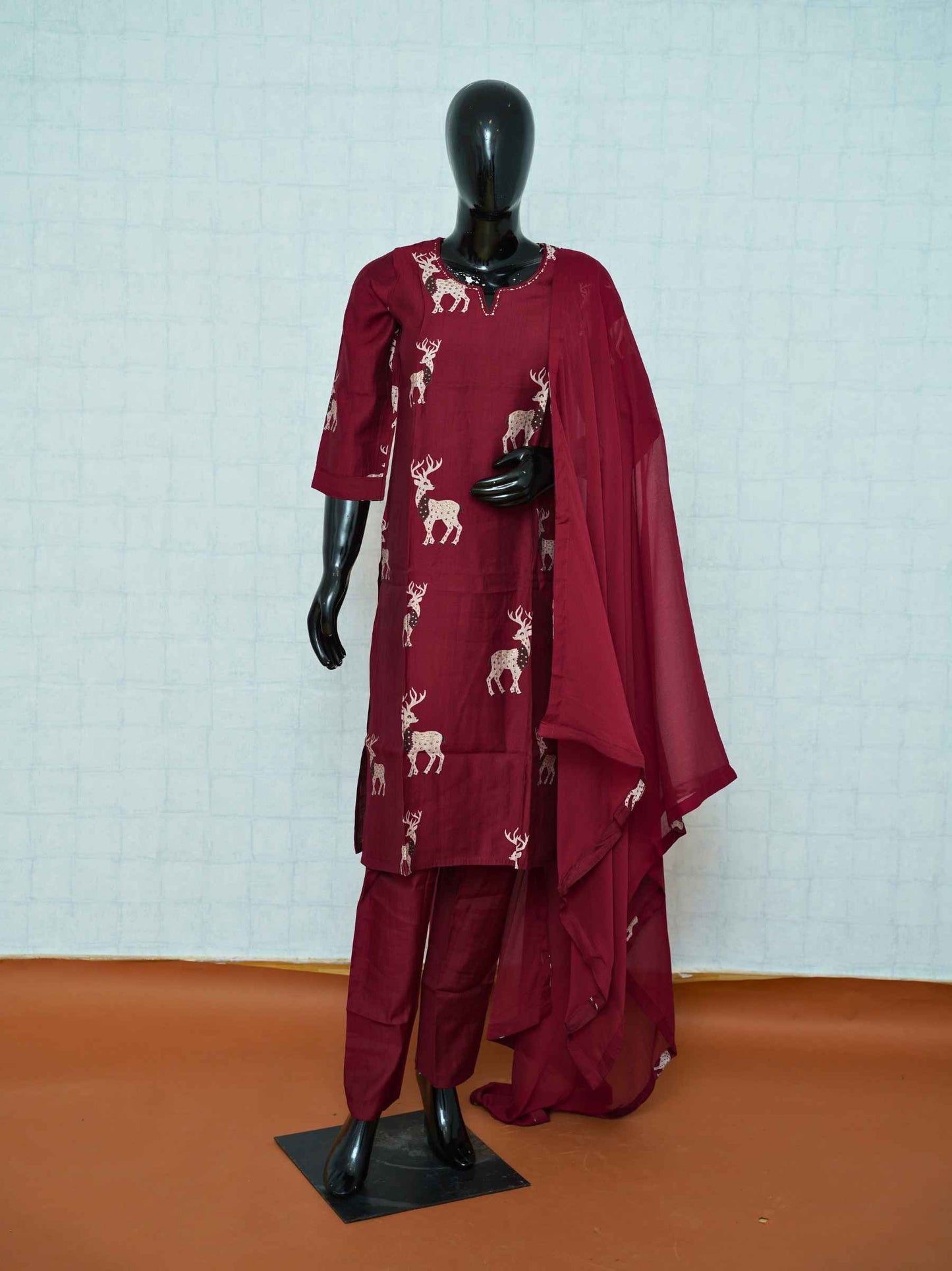 Maroon red Vatican silk 3-piece suit set with printed deer motifs