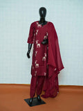 Maroon red Vatican silk 3-piece suit set with printed deer motifs