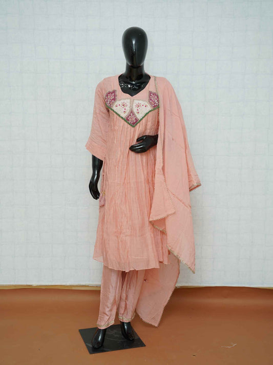 Blush pink mul Chanderi 3-piece suit set with embroidered chest yoke