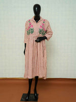 Beige and maroon checked flax cotton shirt-collar dress with pink floral embroidery