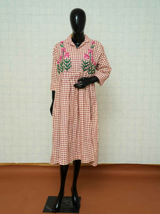 Beige and maroon checked flax cotton shirt-collar dress with pink floral embroidery