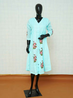 Sky blue mul cotton gathered Anarkali kurti with red floral applique embroidery