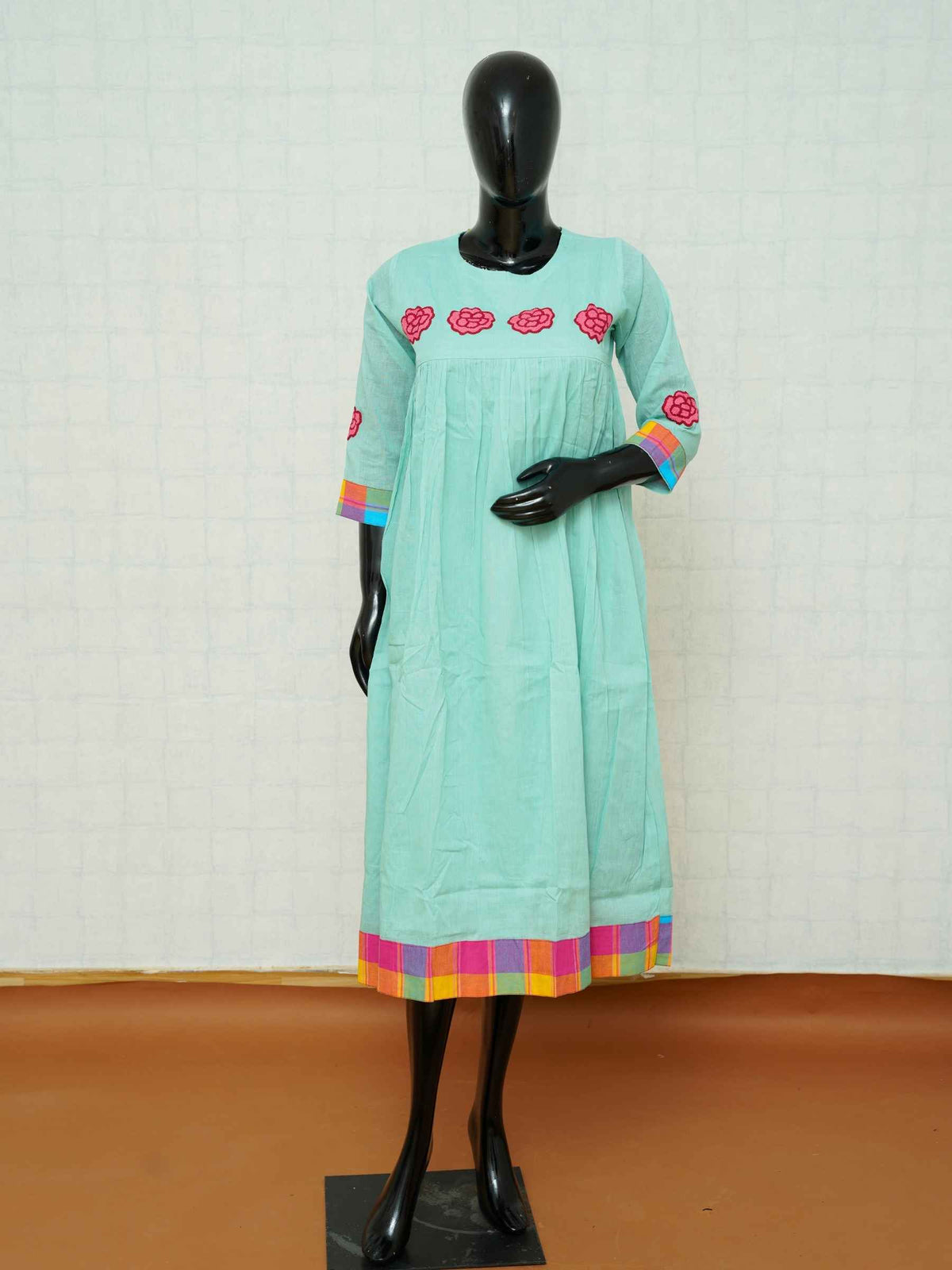 Mint green mul cotton gathered Anarkali kurti with pink floral applique embroidery