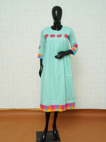 Mint green mul cotton gathered Anarkali kurti with pink floral applique embroidery