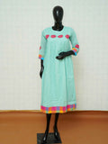 Mint green mul cotton gathered Anarkali kurti with pink floral applique embroidery