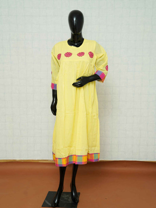 Lemon yellow mul cotton gathered Anarkali kurti with magenta floral applique embroidery