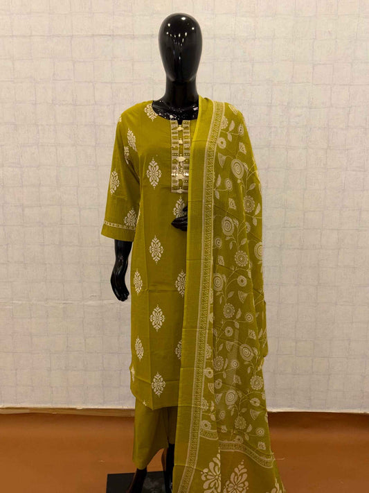 Olive green mul cotton 3-piece suit set with ethnic motifs and mirror work placket