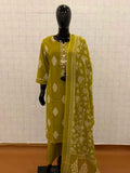 Olive green mul cotton 3-piece suit set with ethnic motifs and mirror work placket