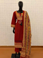 Rust red mul cotton 3-piece suit set with mirror work yoke and Bandhani dupatta