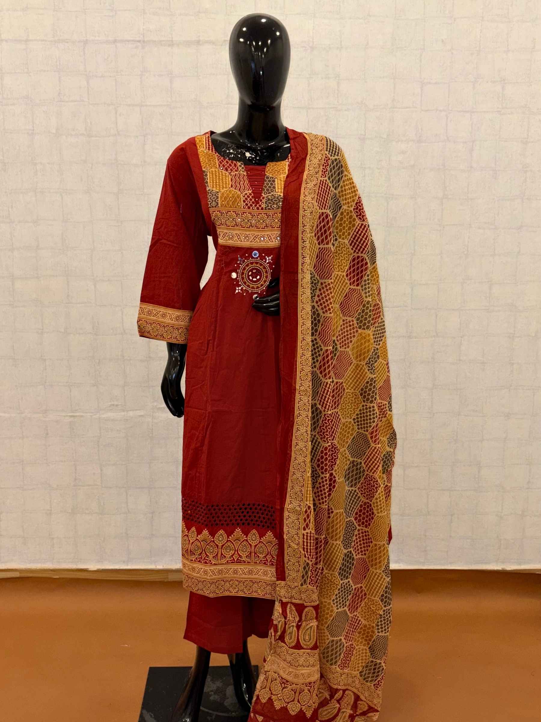 Rust red mul cotton 3-piece suit set with mirror work yoke and Bandhani dupatta