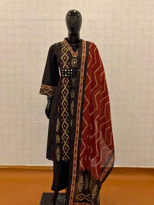 Black soft cotton 3-piece suit set with Ikat geometric prints and mirror work belt detail