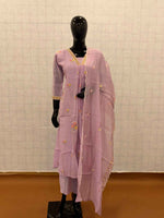 Lavender Chanderi silk 3-piece suit set with floral embroidery and scalloped dupatta