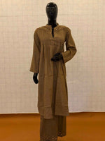 Taupe brown linen jute cotton 2-piece kurti pant set with pin tuck pleats and mirror work
