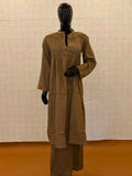 Taupe brown linen jute cotton 2-piece kurti pant set with pin tuck pleats and mirror work