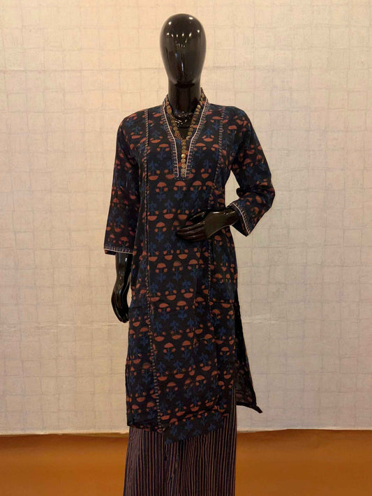 Midnight navy soft cotton 2-piece kurti pant set with rust floral block prints and embellished V-neck