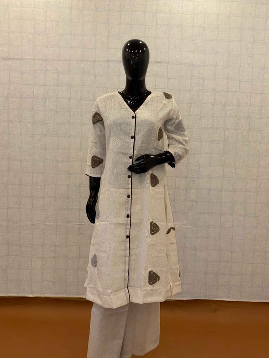 Off-white linen cotton 2-piece button-down kurti pant set with abstract applique patches
