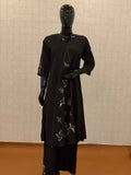 Black soft cotton 2-piece A-line kurti pant set with white bird motif embroidery