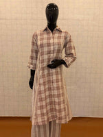 Dusty rose pink checkered linen cotton 2-piece shirt style kurti pant set