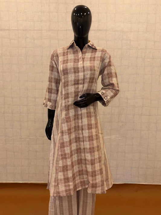 Dusty rose pink checkered linen cotton 2-piece shirt style kurti pant set