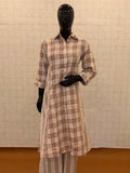 Dusty rose pink checkered linen cotton 2-piece shirt style kurti pant set