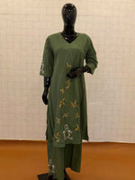 Olive green soft cotton 2-piece kurti pant set with bird motif thread embroidery