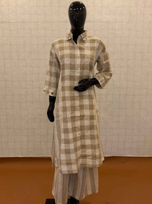 Beige checkered linen cotton 2-piece shirt style kurti pant set