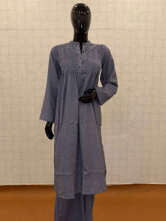 Slate grey linen jute cotton 2-piece kurti pant set with pin tuck pleats and mirror work