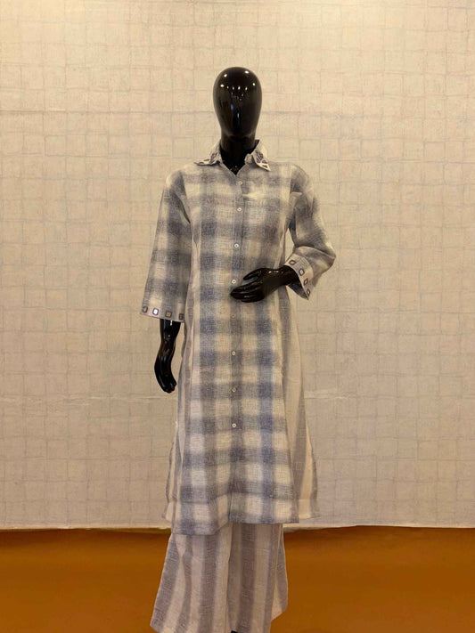 Slate blue and off-white checked linen cotton shirt-style kurti pant set with mirror work collar