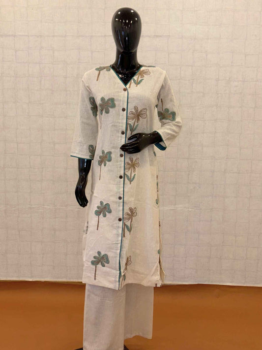 Off-white linen cotton 2-piece button-down kurti pant set with teal and beige floral appliques
