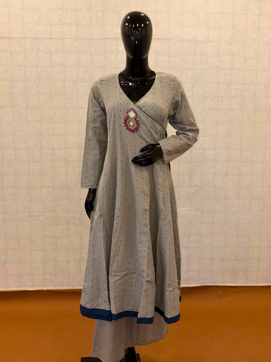 Grey soft cotton Angrakha style 2-piece kurti pant set with mirror work chest motif