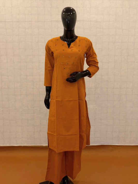 Mustard Yellow Soft Cotton Embellished 2-Piece Kurti Pant Set - Sizes M to 5XL