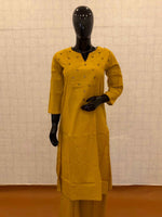 Olive mustard soft cotton 2-piece kurti pant set with gold sequin yoke embellishments