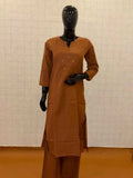 Terracotta rust soft cotton 2-piece kurti pant set with gold sequin floral yoke embellishments