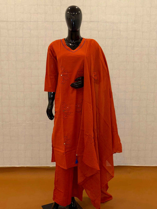 Bright Orange Soft Cotton Embroidered & Mirror Work 3-Piece Suit Set - M to 2XL