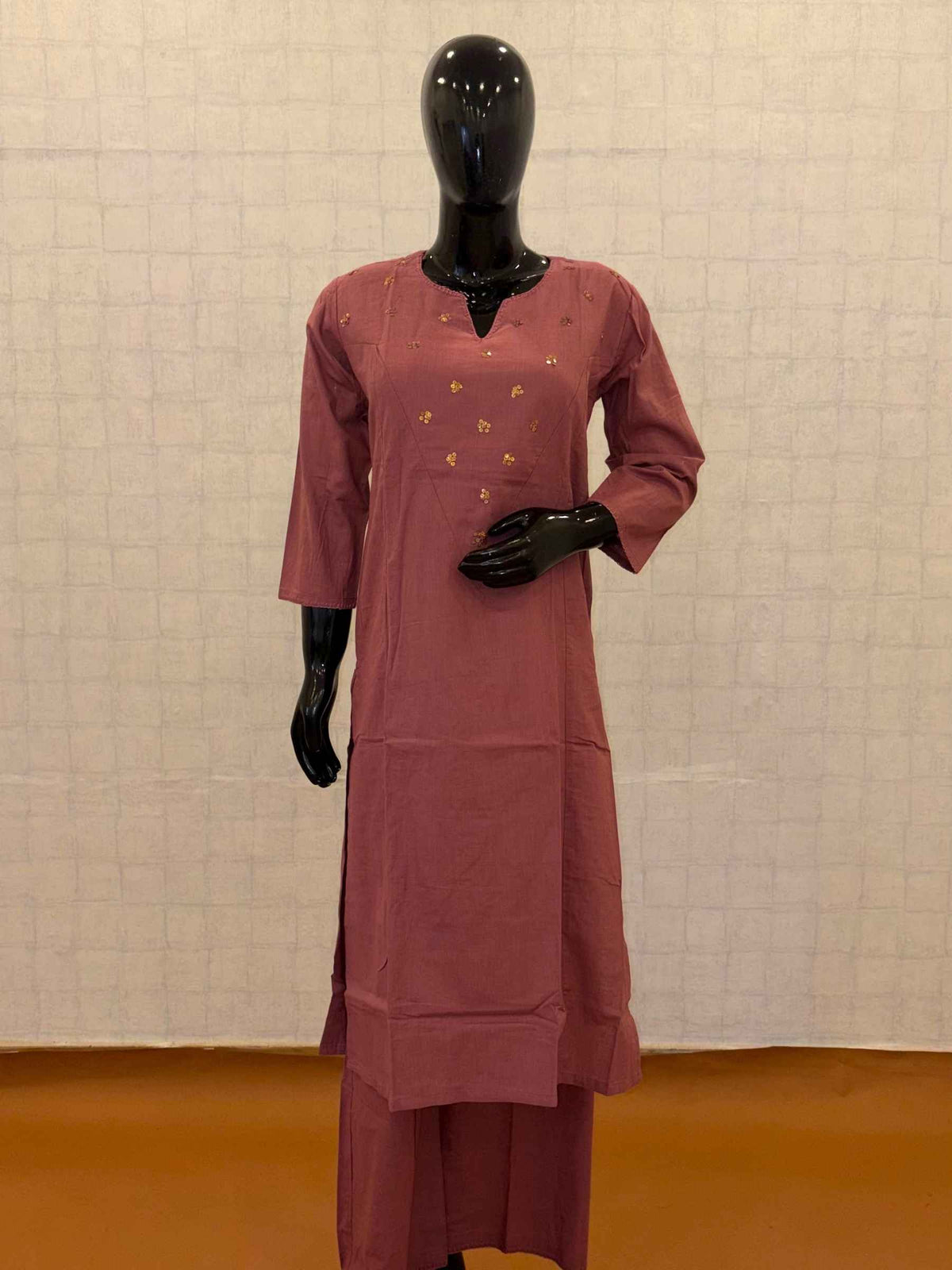 Mauve pink soft cotton 2-piece kurti pant set with gold sequin yoke embellishments