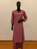 Mauve pink soft cotton 2-piece kurti pant set with gold sequin yoke embellishments