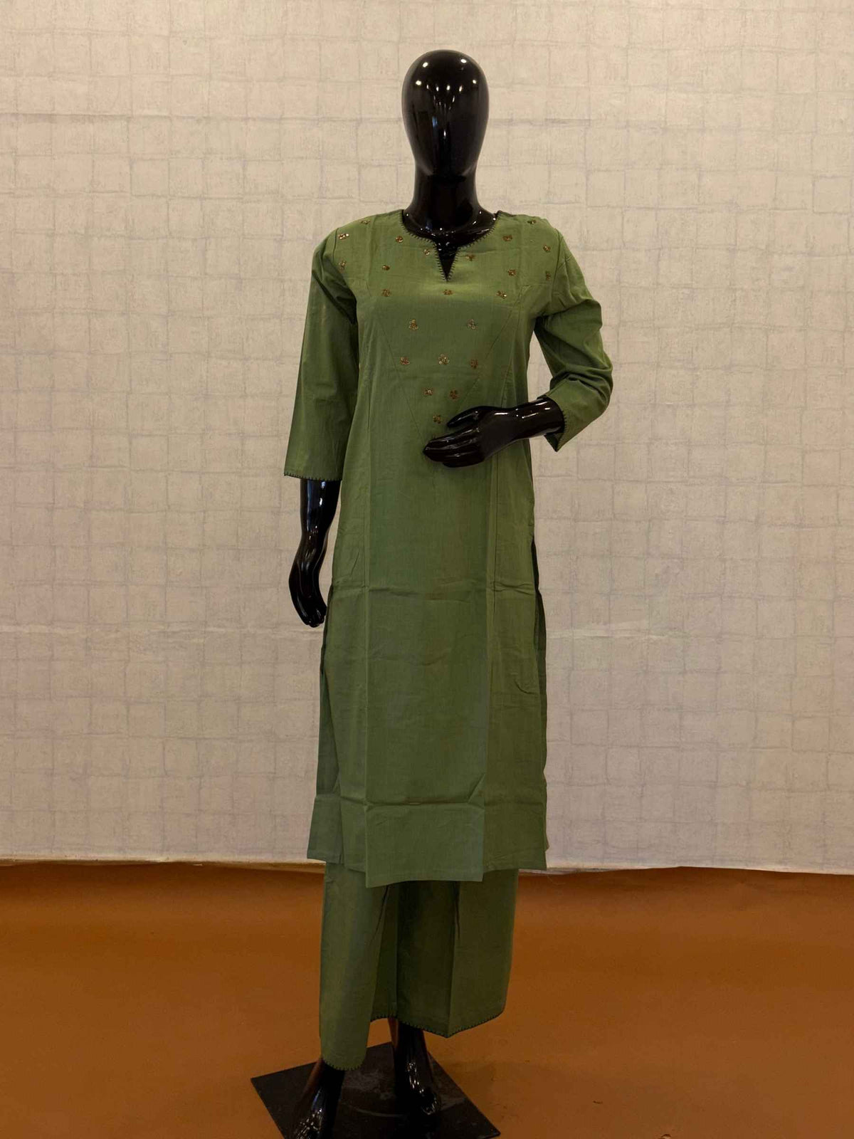 Olive green soft cotton 2-piece kurti pant set with sequin yoke embellishments