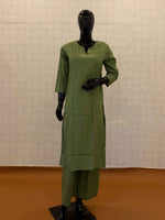 Olive green soft cotton 2-piece kurti pant set with sequin yoke embellishments