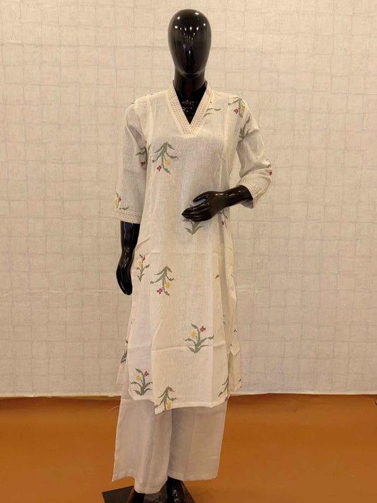 Off-white linen cotton 2-piece kurti pant set with delicate floral sprig embroidery