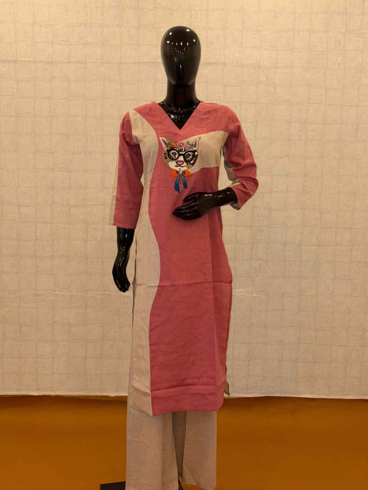 Dusty pink and beige flax cotton colorblocked 2-piece kurti pant set with cat patch embroidery