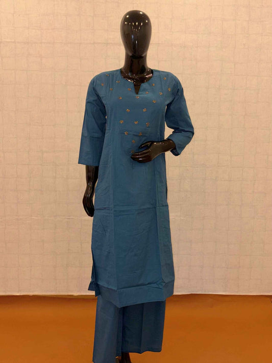 Slate blue soft cotton 2-piece kurti pant set with gold sequin yoke embellishments