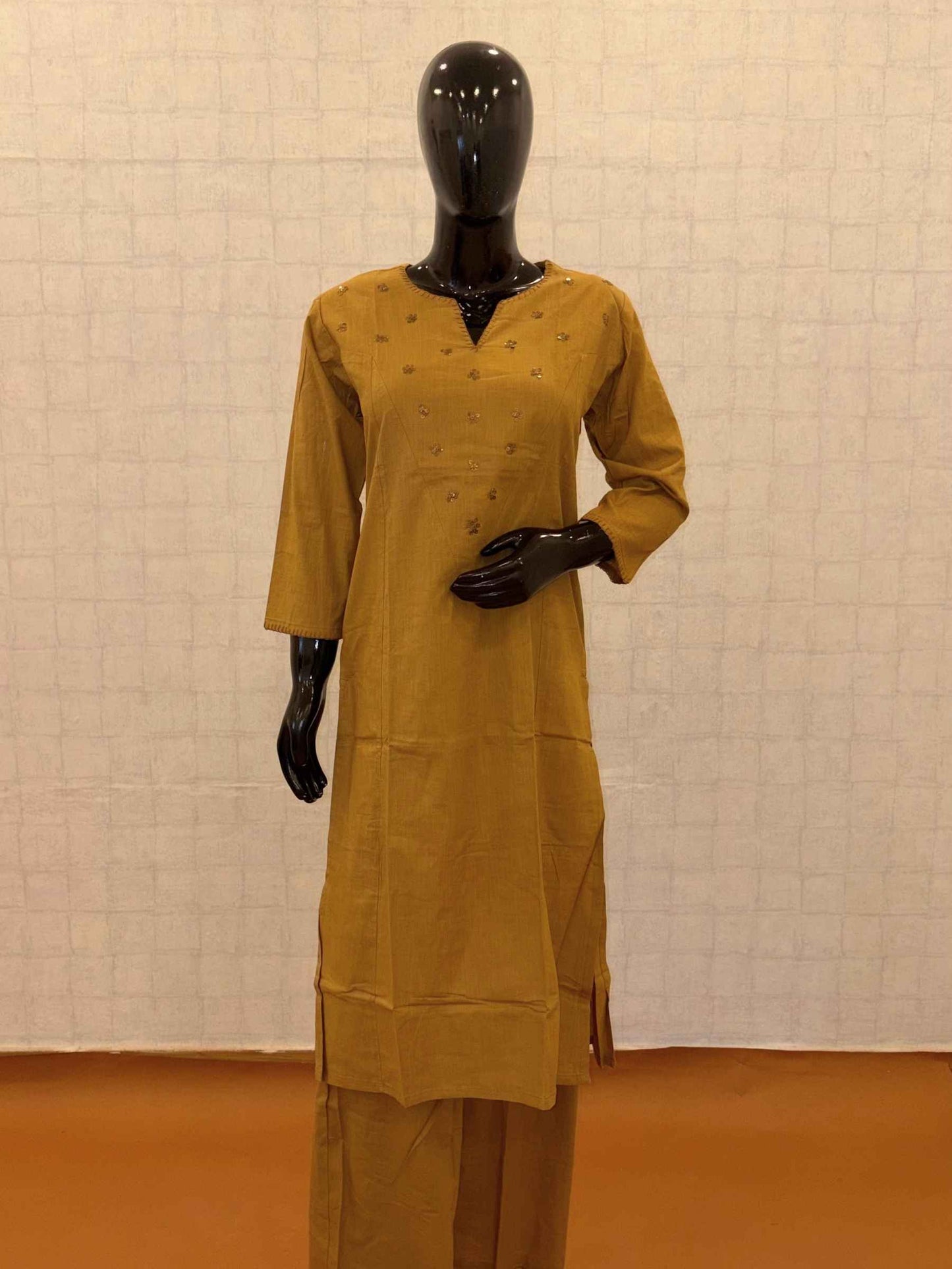 Ochre mustard soft cotton 2-piece kurti pant set with gold sequin floral yoke embellishments