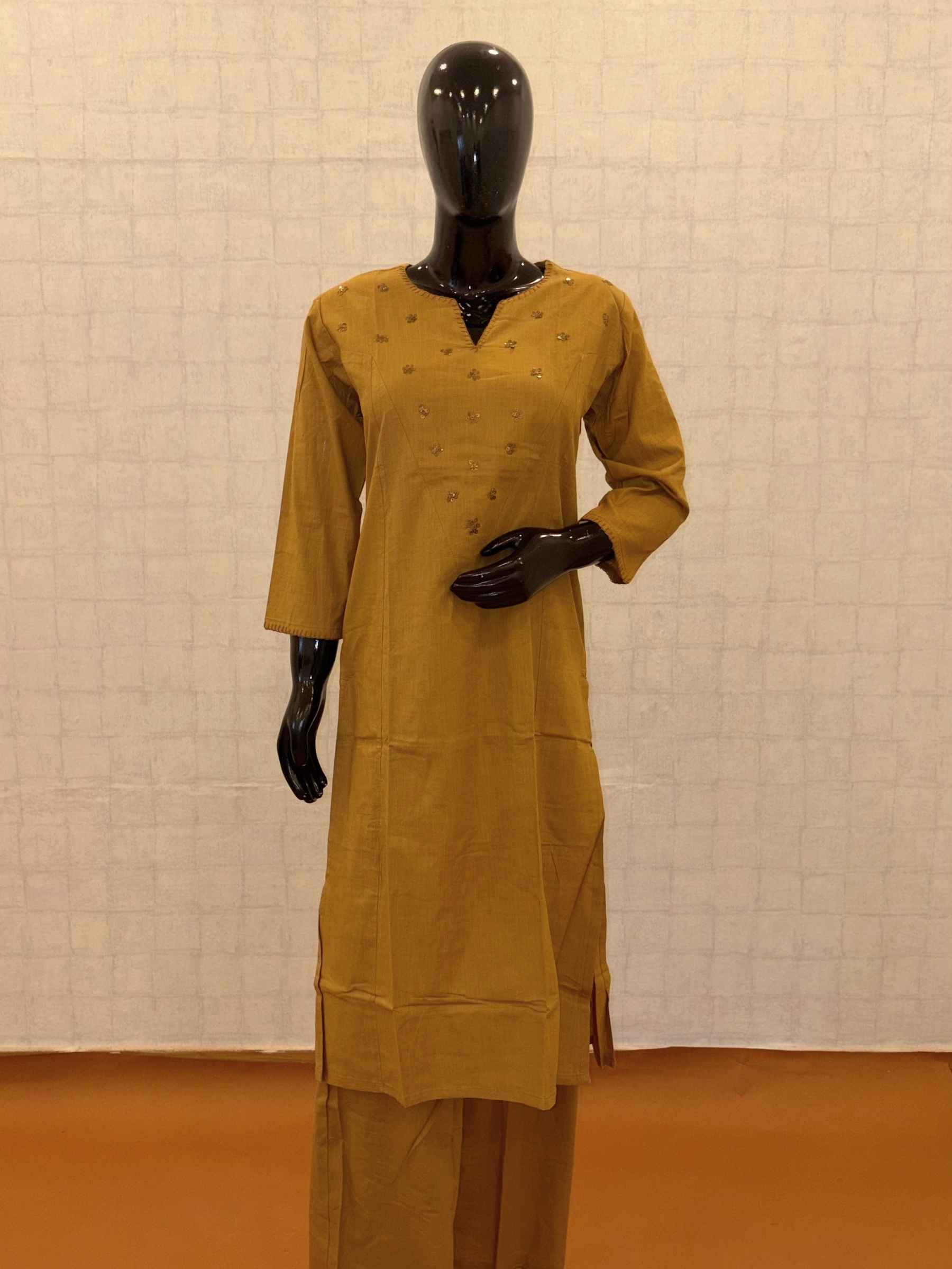 Ochre mustard soft cotton 2-piece kurti pant set with gold sequin floral yoke embellishments