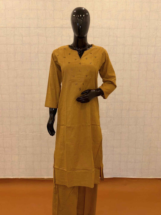 Ochre mustard soft cotton 2-piece kurti pant set with gold sequin floral yoke embellishments