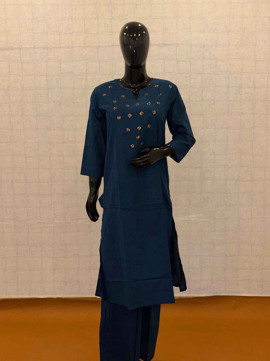 Teal blue soft cotton 2-piece kurti pant set with gold sequin yoke embellishments