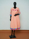 Peach mul cotton gathered Anarkali kurti with magenta floral applique embroidery