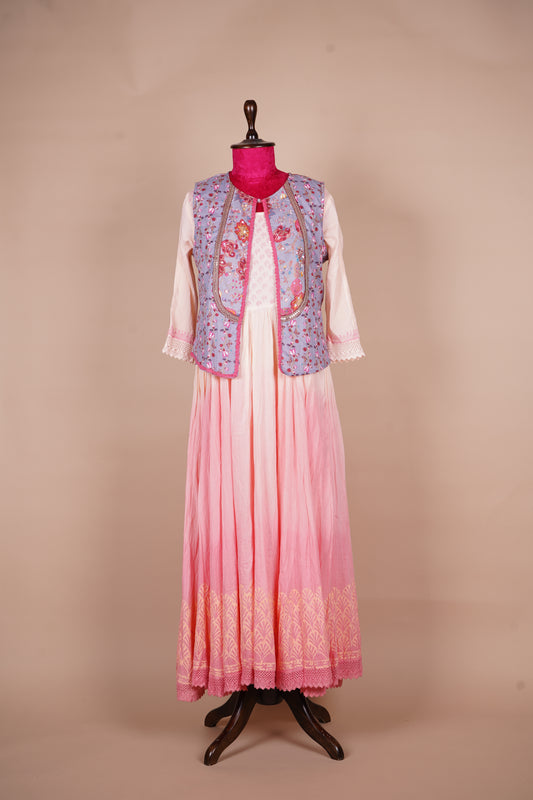 Pure Mul Cotton Block Hand Printed Ombré Peach Frock with Hand-Embroidered Jacket