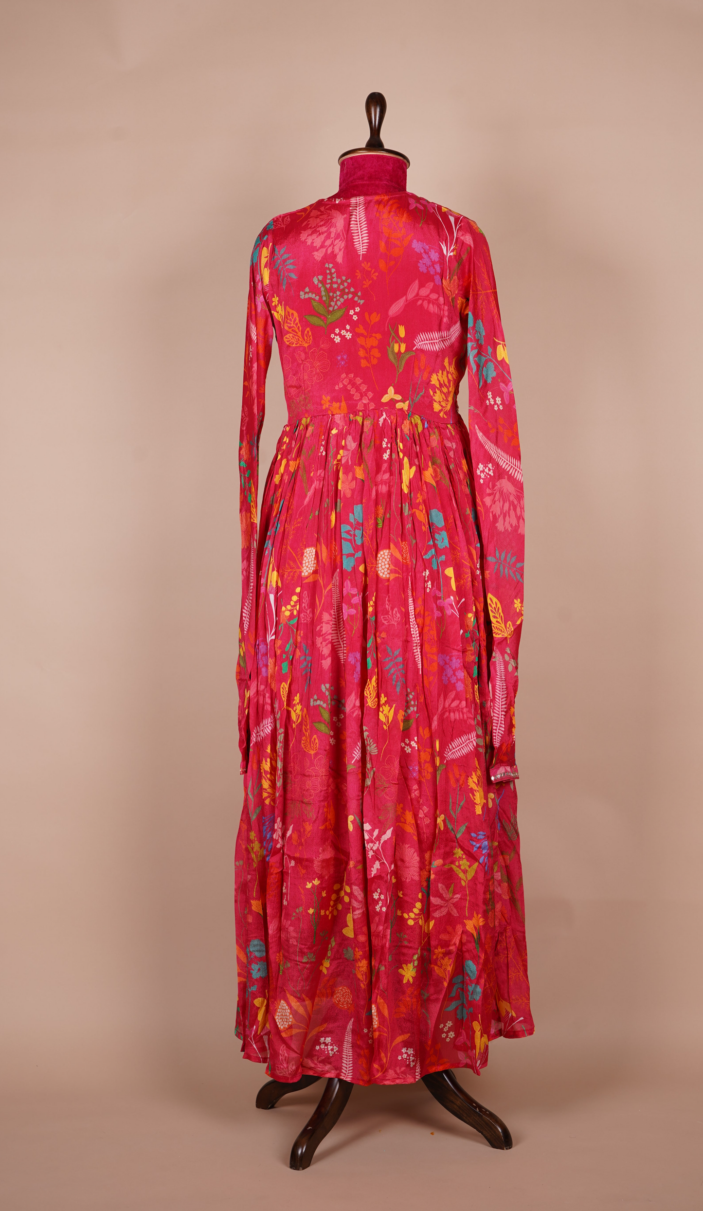 Pure Silk Long Frock with Digital Printed Florals and Leaves - Red