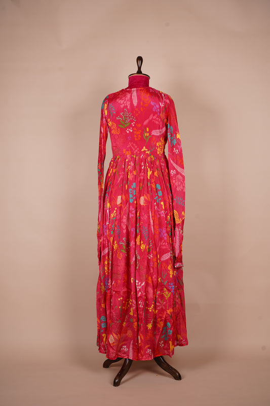 Pure Silk Long Frock with Digital Printed Florals and Leaves - Red