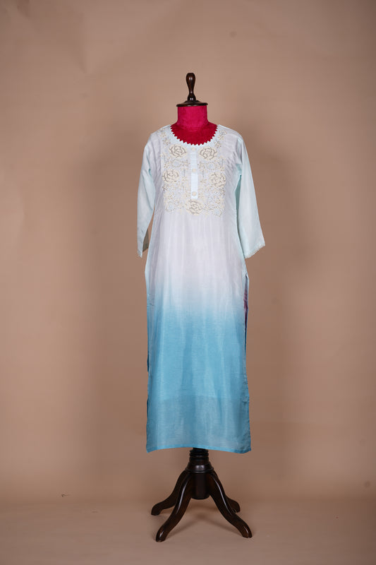 Sky Blue and Off-White Ombre Straight Cut Dress with Hand Embroidery Pearl Work on Yoke